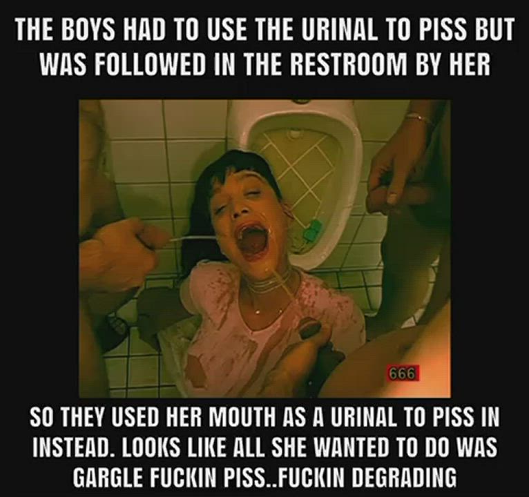 She followed the guys into the restroom, so they made herself useful and used her