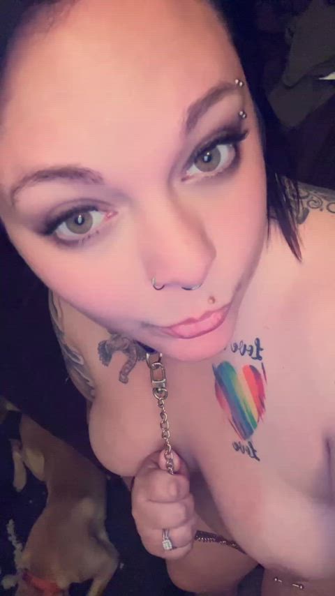 amateur bbw big tits collared homemade leash onlyfans pierced tattooed tease gif