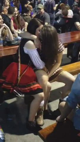 Brunette Kissing Lesbian Lesbians Public gif