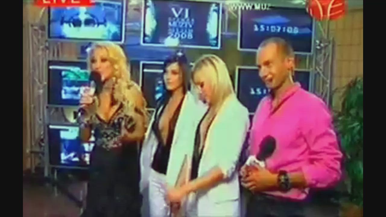 Elena Temnikova and Marina Lizorkina Braless Wearing Plunging Blouses In MuzTV Interview