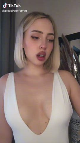 Blonde Blue Eyes Cleavage Handjob Tease TikTok Tongue Fetish gif