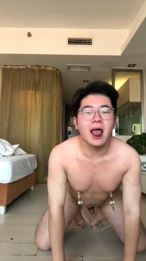 asian cock bdsm chinese ejaculation glasses master/slave masturbating nerd nipple