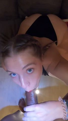 BBC Blowjob Blue Eyes Eye Contact Interracial Lick Licking Lipstick gif