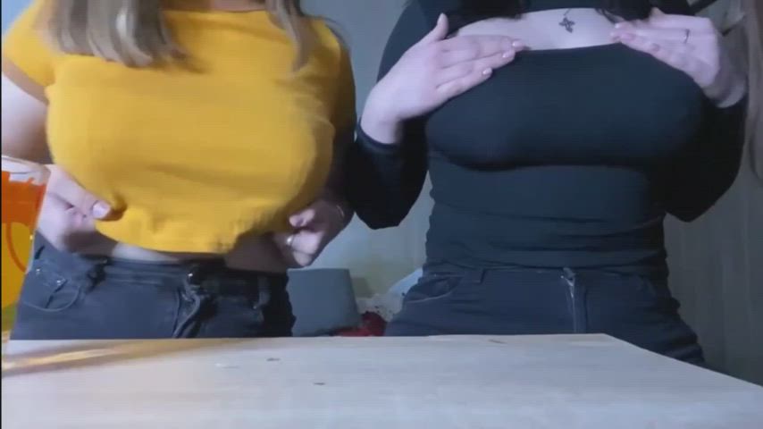 Two busty friends flashing tits