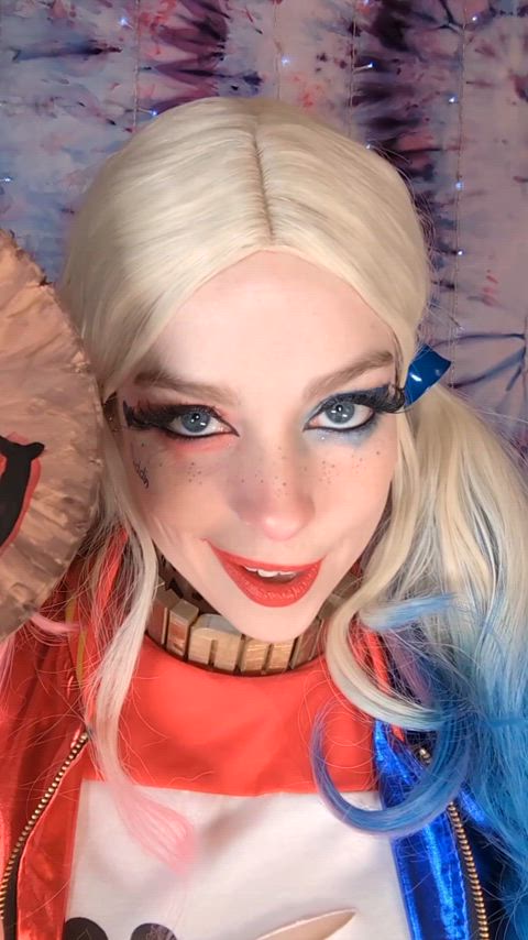 ahegao big eyes blonde cosplay eye contact french kissing harley quinn kiss kissing