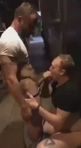 Giving him a blowjob in the middle of the sidewalk.