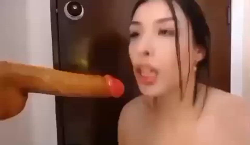 blowjob deepthroat dildo gagging homemade huge dildo lick licking small tits sucking