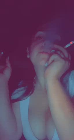 big tits brunette cleavage clothed curly hair cute onlyfans smoking gif