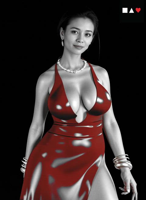 Mature Asian in red dress