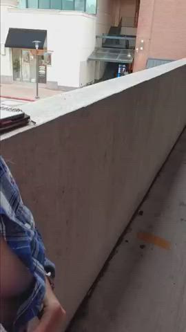 Cute boobplay by school balcony