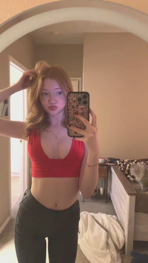 19 years old asmr belly button cleavage leather pale redhead tease tiktok tits gif