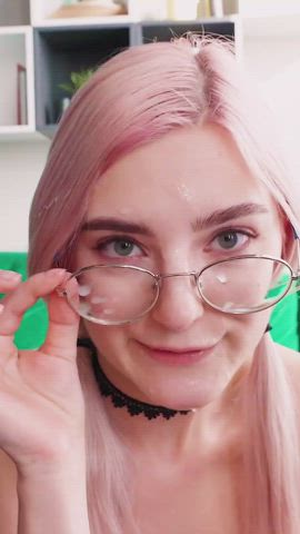 Blonde Cumslut Eva Elfie taking a facial all over her face and glasses