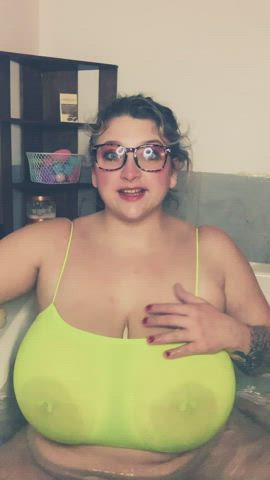 areolas bbw bouncing tits glasses huge tits see through clothing tattoo wet gif