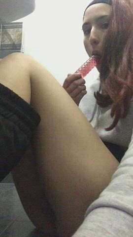 bathroom creamy pussy to mouth redhead sucking toy gif