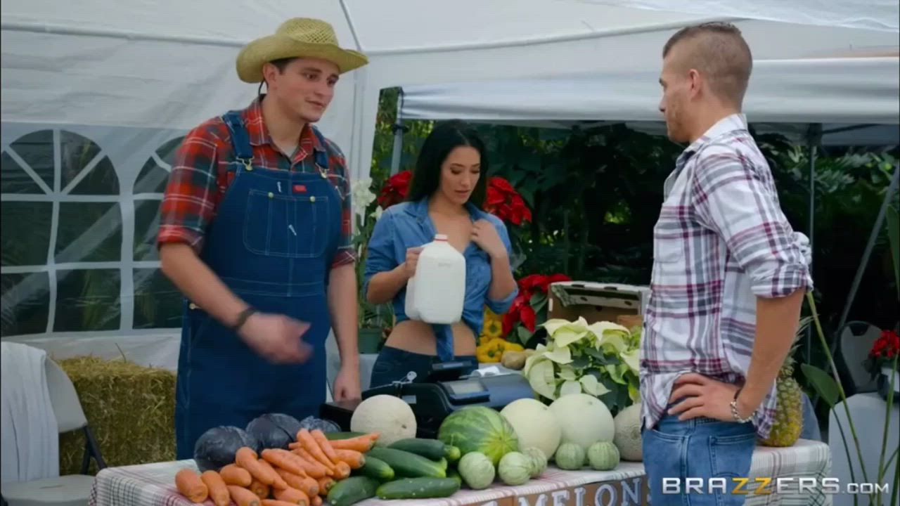 Eva Lovia the farmer’s wife assists at the market