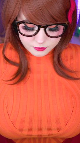 big tits boobs clothed cosplay costume cute geek glasses wholesome gif