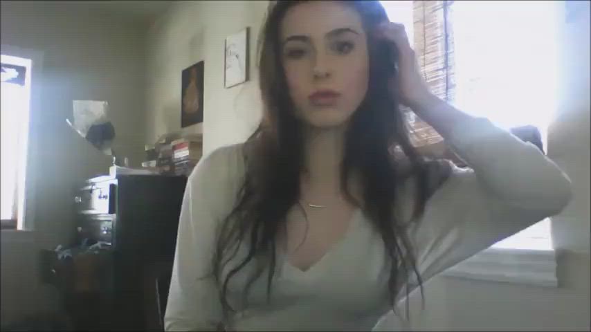 brunette camgirl clothed cute flashing nipple piercing pretty teen webcam gif