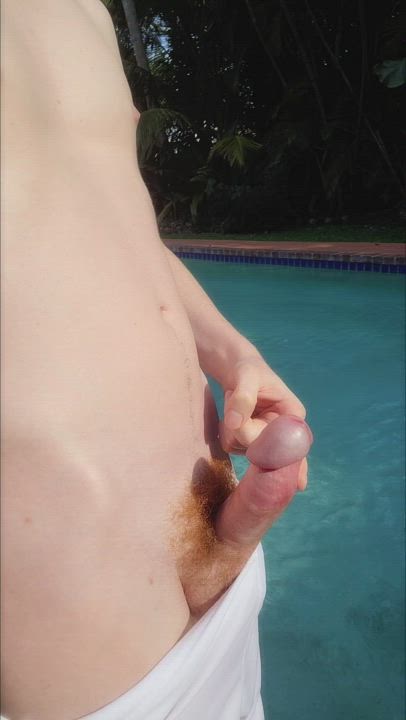 Red cums again at poolside.