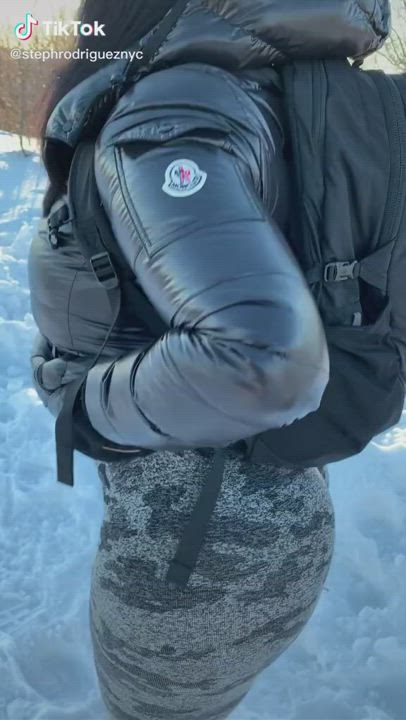 Yoga pants walk in the snow