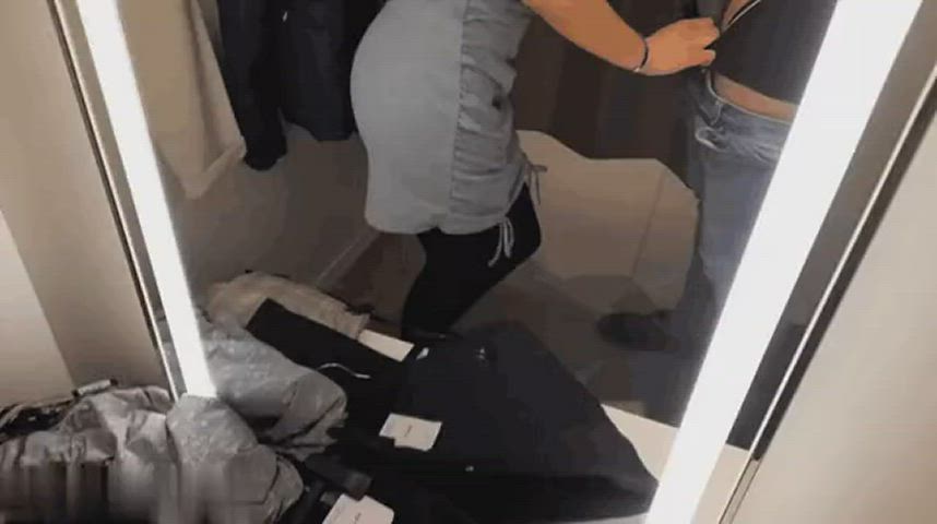 amateur blowjob brunette changing room dress long hair mirror pov public gif