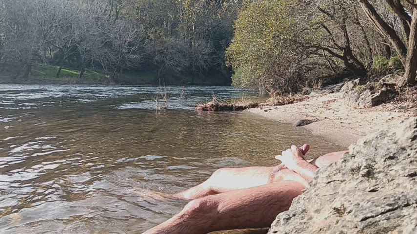 In the river. Autumn nudist boner & cum