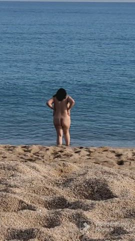 beach chubby huge tits jiggling natural tits nude nudity public wife gif