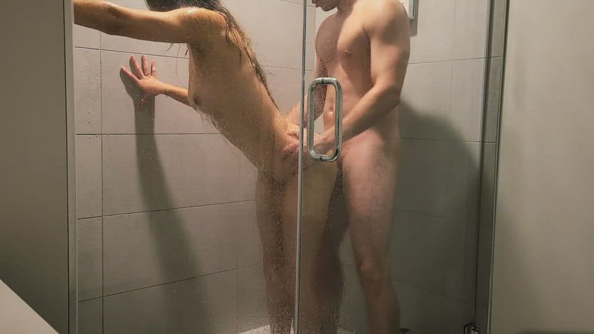 bouncing tits couple doggystyle nude sex shower standing doggy tits gif