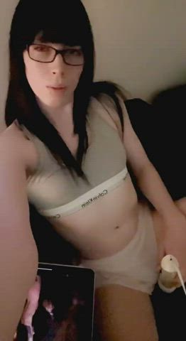 clothed glasses hitachi masturbating solo trans trans woman vibrator gif