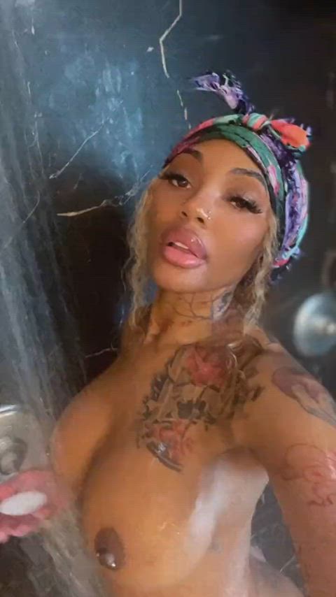 ass big ass big tits boobs booty ebony nipple piercing shower tits wet gif