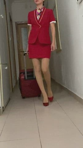 Babe High Heels Homemade Nude Softcore Stewardess Stockings Uniform Upskirt gif