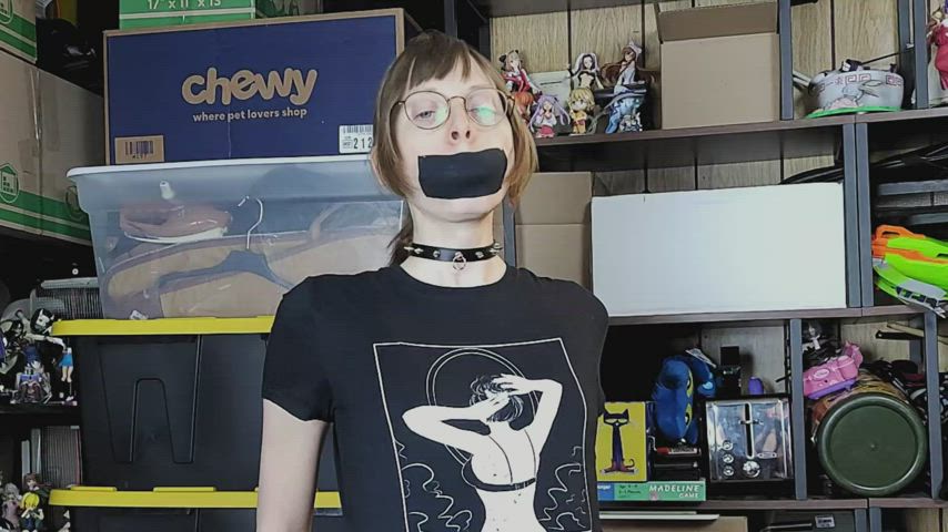 bondage gagged glasses ponytail t-girl trans trans woman gif