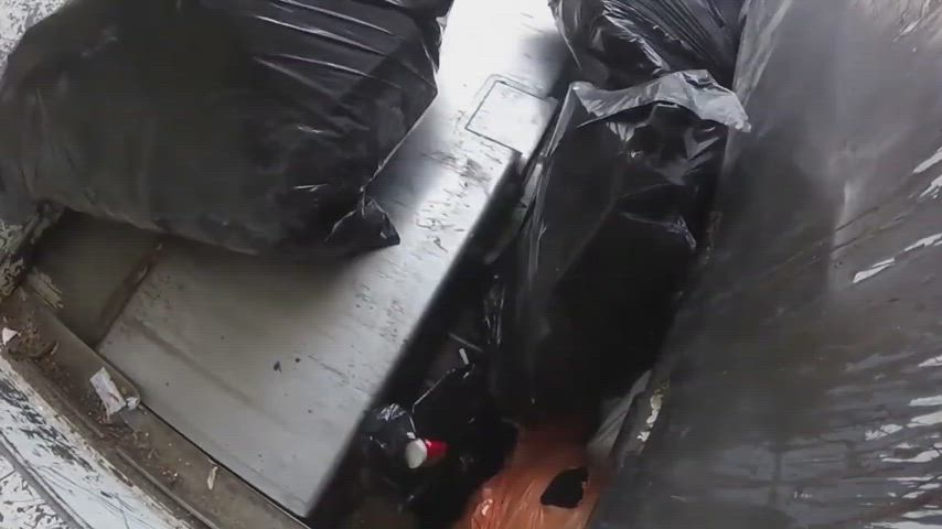 Garbage truck crushing garbage bags with popping and screaming sounds