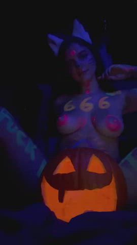 babe big tits boobs brunette halloween jiggling naked nipples pussy spread gif