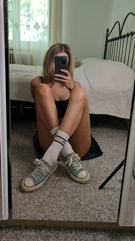 Babe Mirror Pussy Pussy Lips Selfie Skirt Sneakers gif