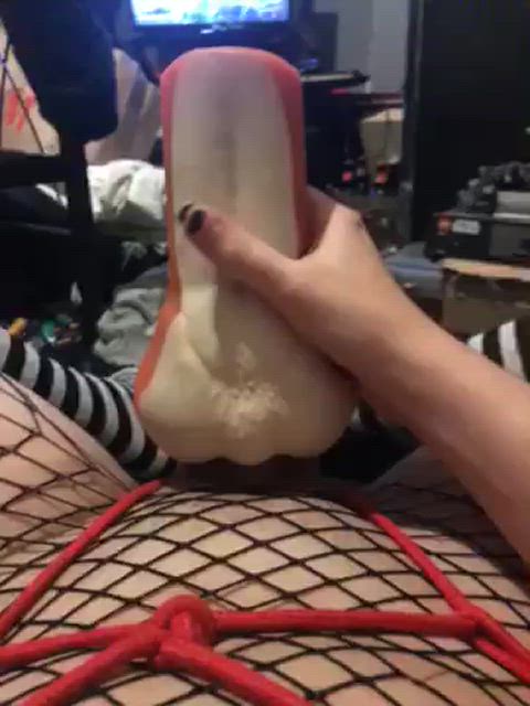 anal bulge femboy fishnet fleshlight sensual sex toy small cock gif