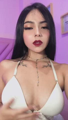 brunette camgirl latina lipstick seduction skinny small tits solo teen gif