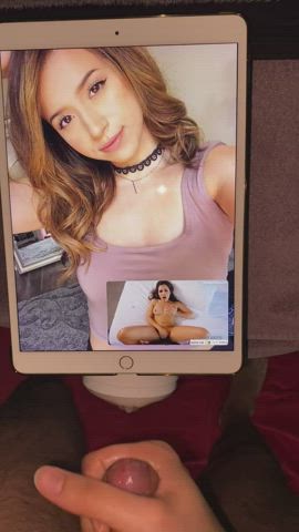 Cumming to Pokimane while watching Valkyrae get fucked