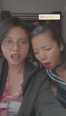 asian cheating girlfriend lesbian sharing teen thai threesome gif