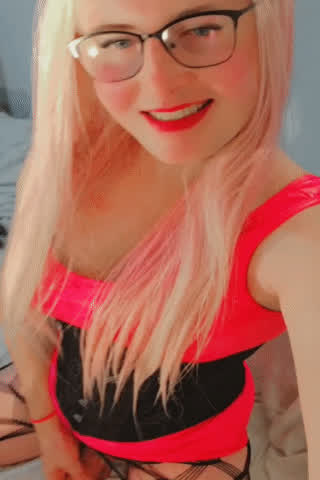blonde cock corset glasses latex pink sissy solo trans gif