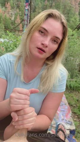 blonde cumshot handjob outdoor gif