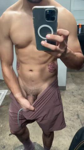 big dick cock gay gym hispanic mirror muscles nsfw thick uncut gif