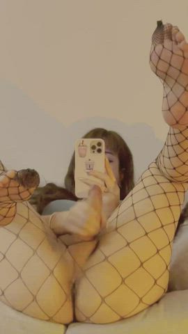 big dick fishnet legs up masturbating selfie sissy trans gif