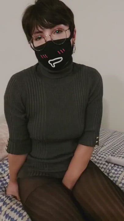 Clothed Glasses Mask Pantyhose Rubbing Short Hair gif