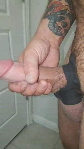 amateur bwc big dick cock ring cut cock jerk off male masturbation solo tattoo gif
