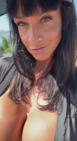 Big Tits Brunette Fake Tits MILF Outdoor Undressing gif