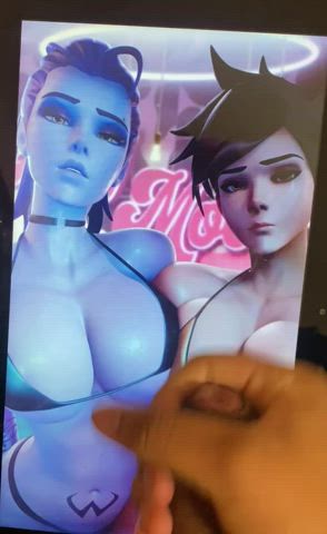 Cumming on Tracer and Widowmaker's Tits ( I don't know the artist)
