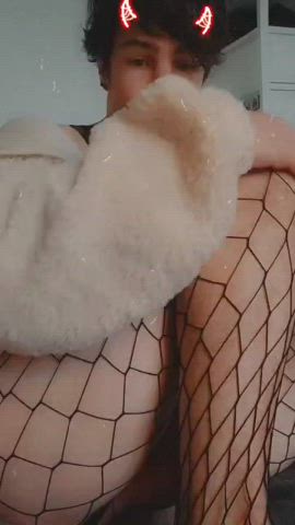cute femboy fishnet lingerie nsfw sissy gif