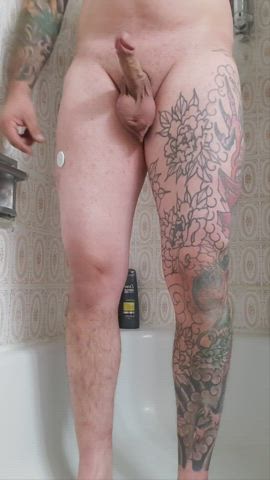 balls cock cut cock legs shaved solo tattoo trimmed gif