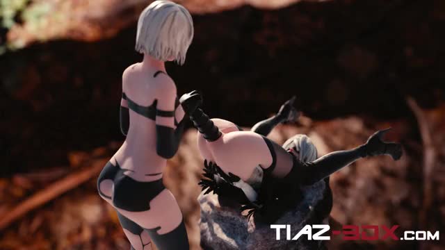 2B x A2 Pushing the huge dildo