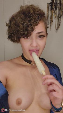 boobs choker food fetish licking short hair small tits sucking tongue fetish gif